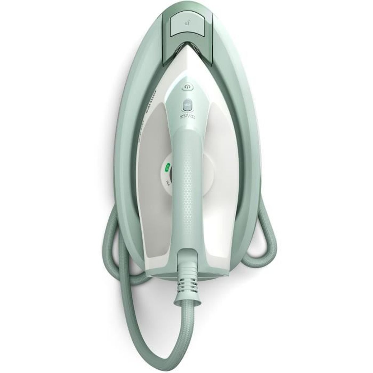 Ein mintgrünes Bügeleisen und seine Halterung sind auf einer weißen Oberfläche montiert. Das Bügeleisen hat eine weiße Sohle, einen mintgrünen Griff und ein graues Kabel.