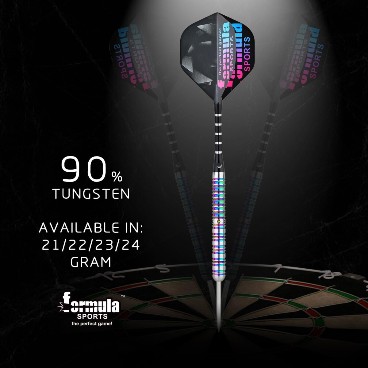 A dart with a black and colorful flight. The text on the dart says "Formula Sports". The background is a dartboard and text.