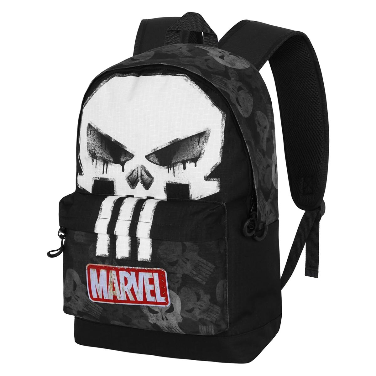 Schwarzer Rucksack mit weißem Schädel-Design. Mit Marvel-Logo und drei weißen Streifen. Schwarze Träger und ein Griff sind sichtbar.