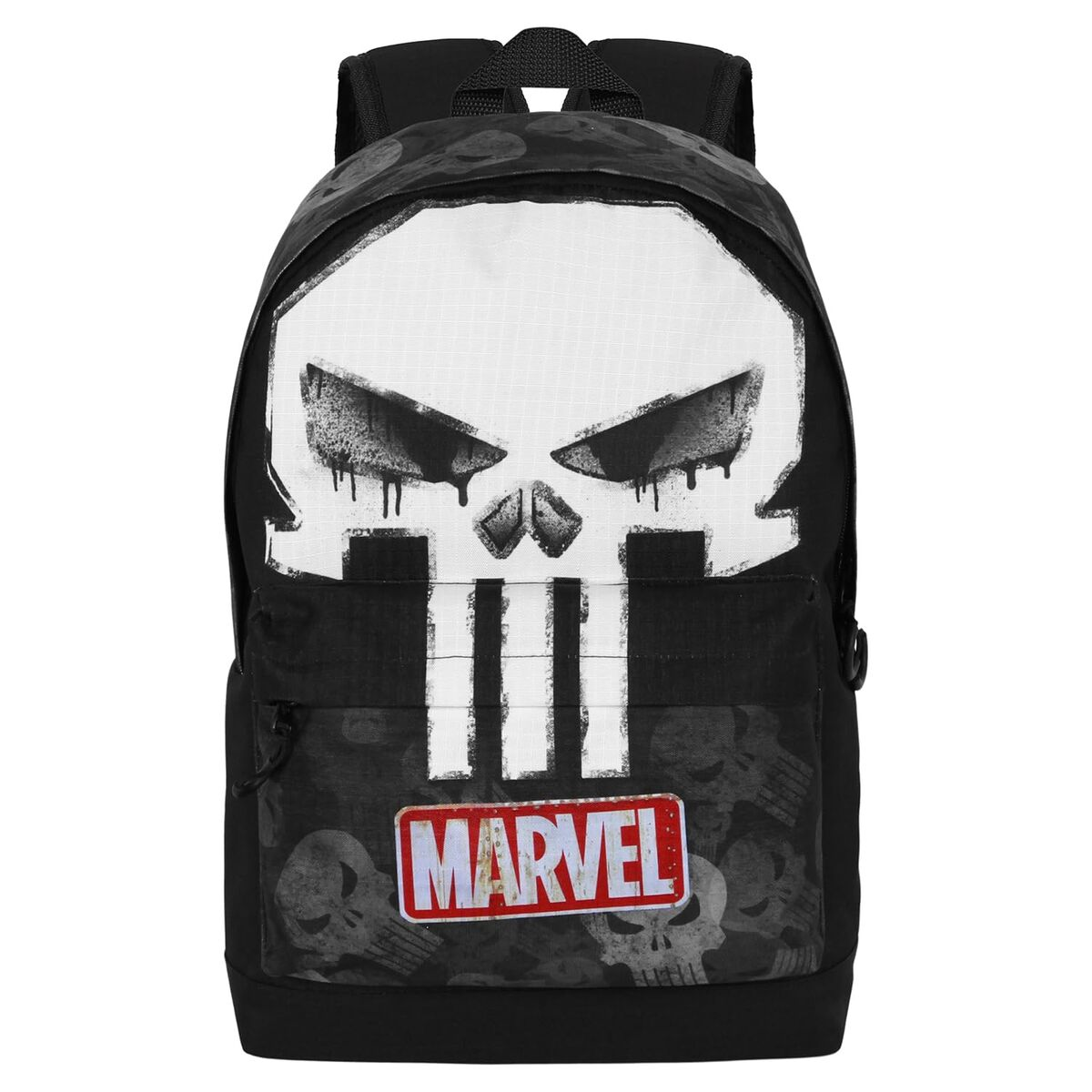 Schwarzer Rucksack mit weißem Punisher-Schädel-Design. Enthält das Marvel-Logo. Hat schwarze Träger und eine schwarze Vordertasche.