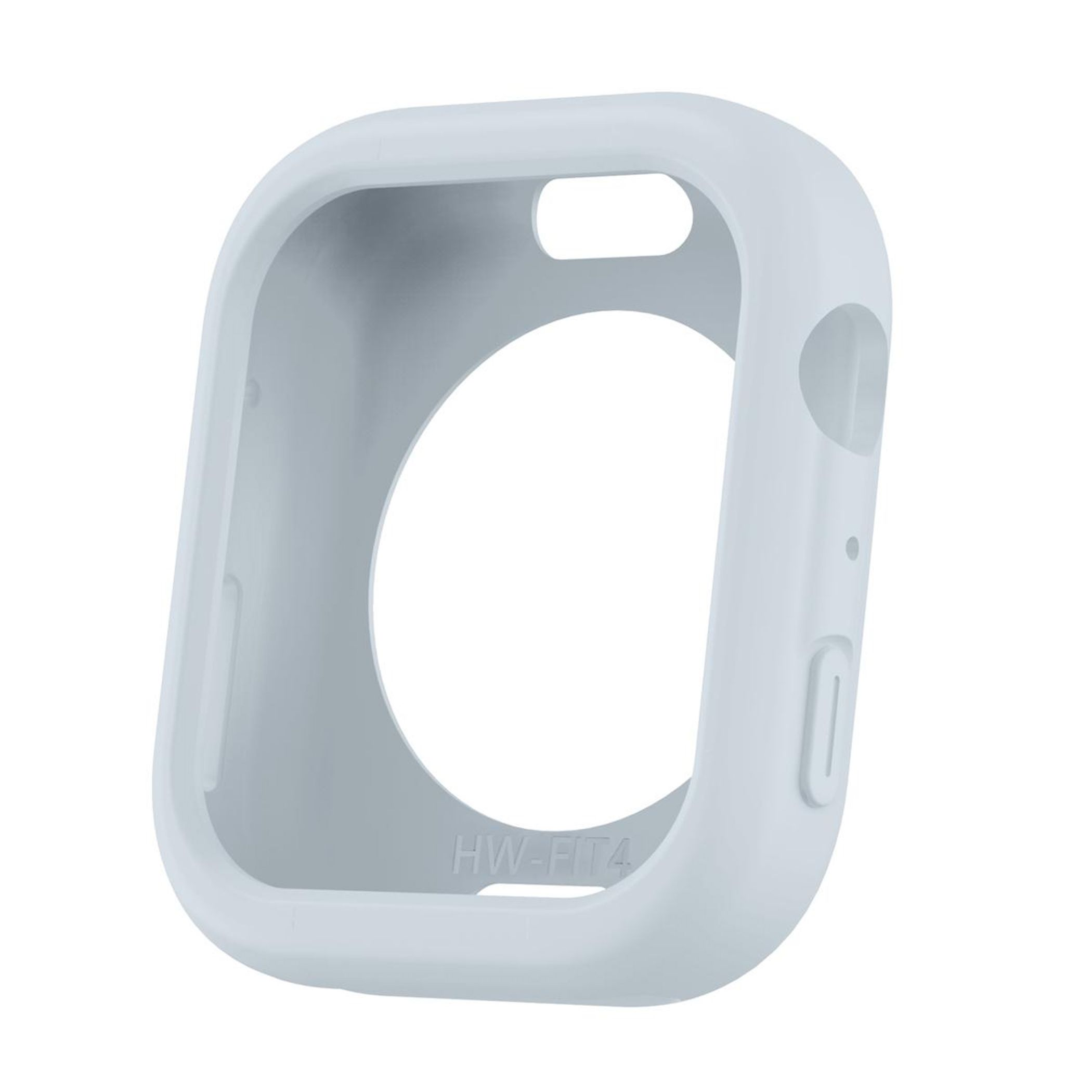 Una custodia protettiva azzurra per smartwatch. Ha fori per schermo e pulsanti. Il testo "HW-FIT4" è visibile.