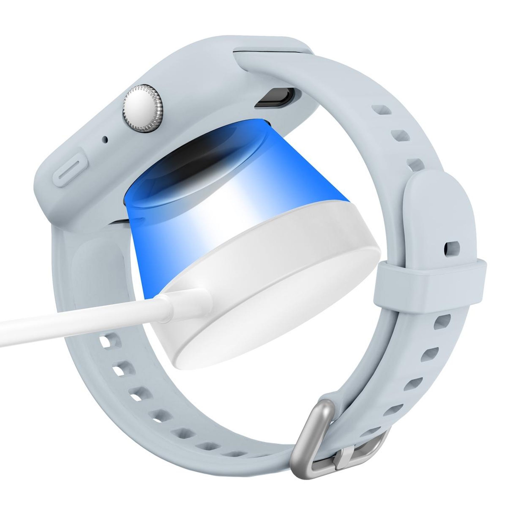 È mostrato uno smartwatch azzurro con un caricatore bianco. Il caricatore è collegato, con una luce blu. L'orologio ha un cinturino azzurro.