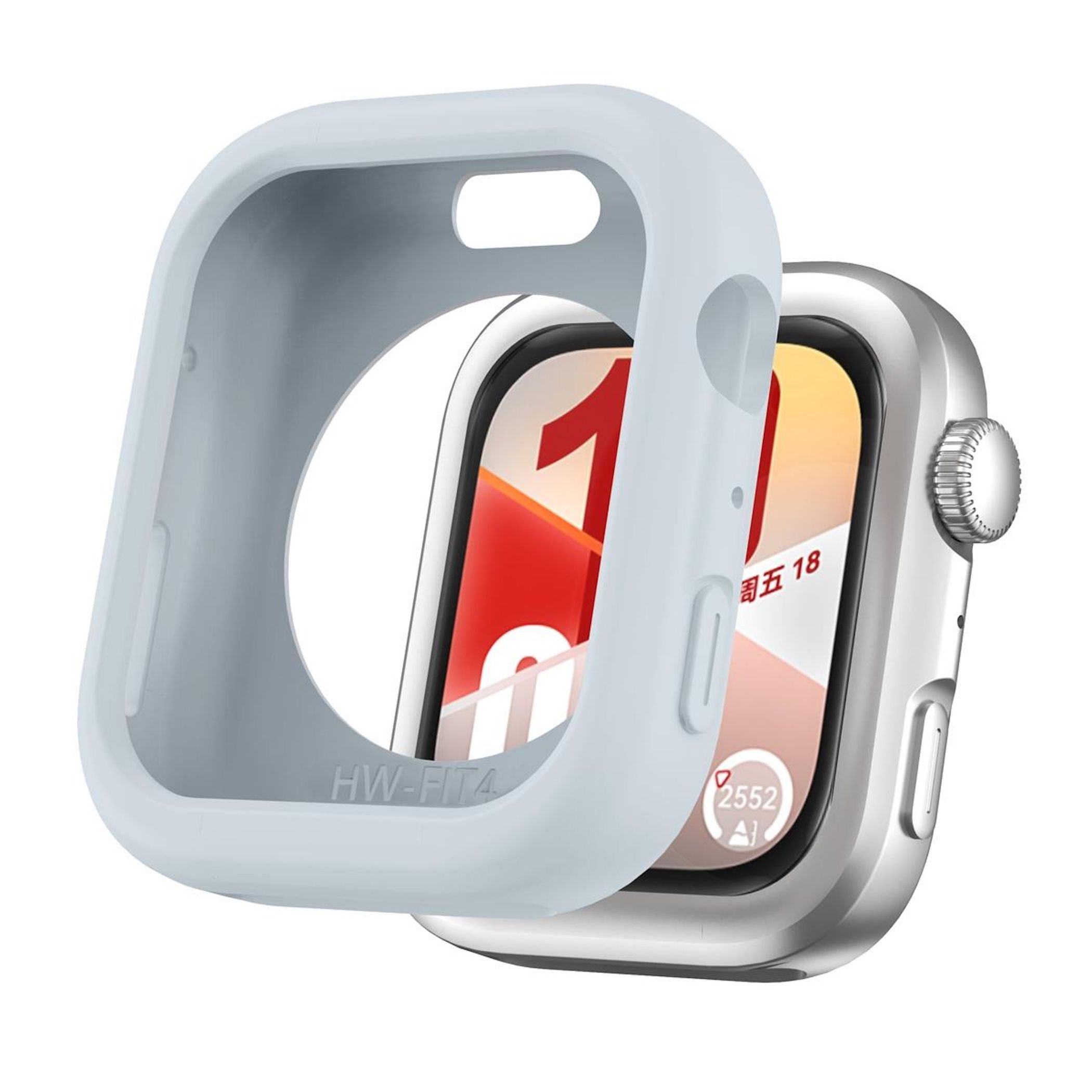 Uno smartwatch argentato con schermo che mostra il numero 1 rosso, con custodia protettiva azzurra.