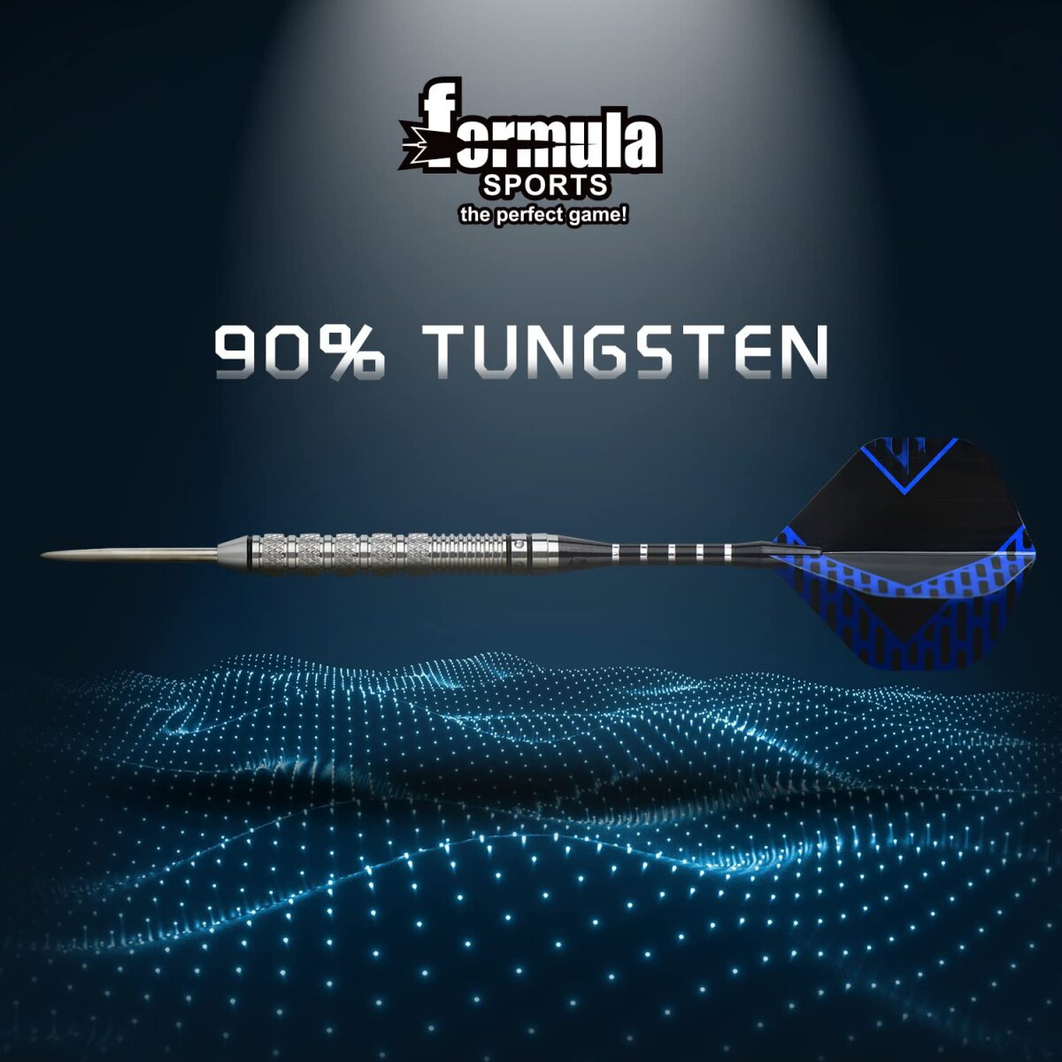 A dart with a blue and black tail. Text reads '90% Tungsten' and 'Formula Sports, the perfect game!' on a blue background.