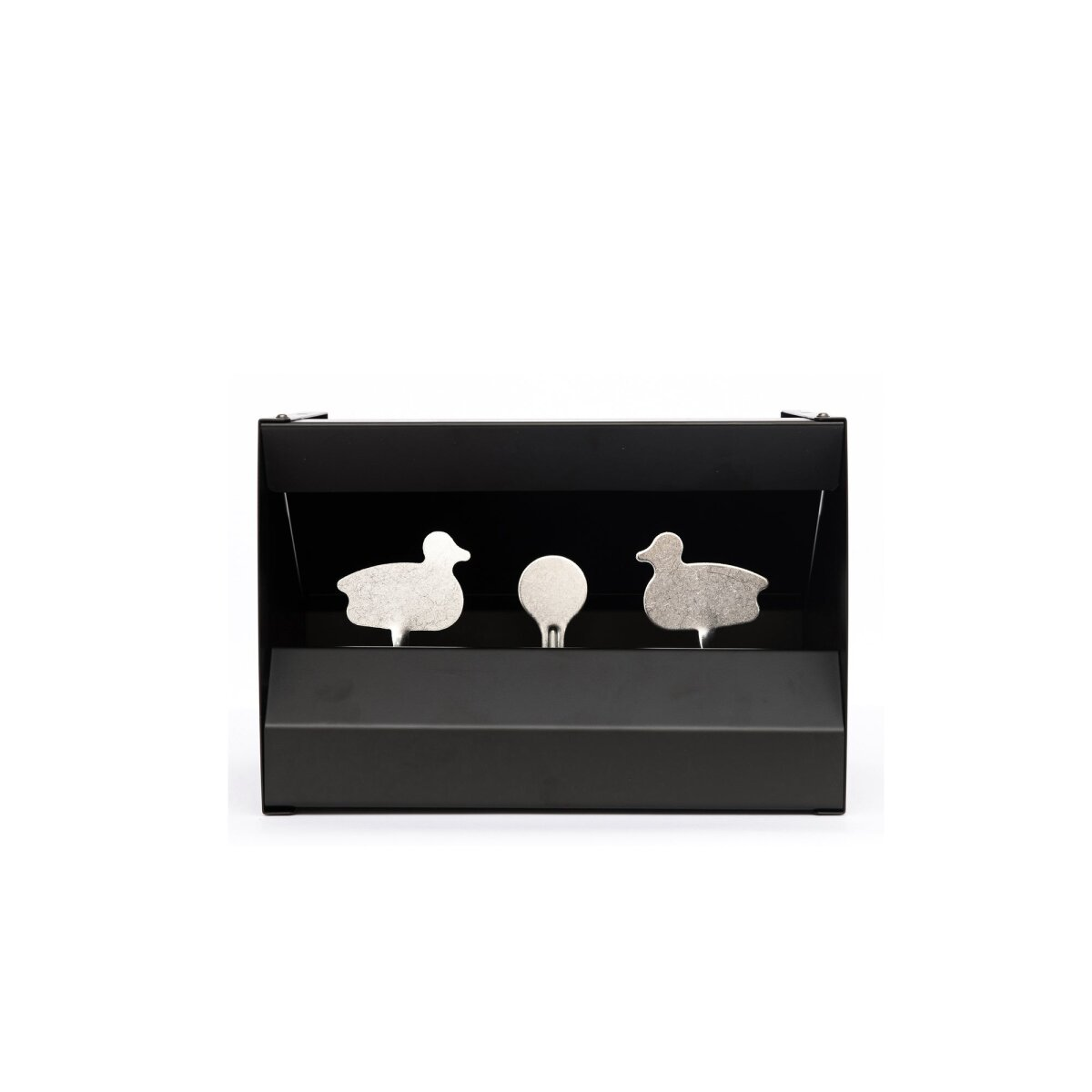 A black metal target box with two duck-shaped targets and a round target. The background is white.
