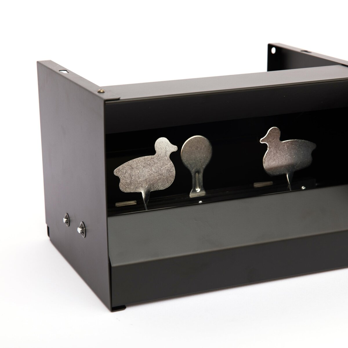 A black metal target box with three metal targets: two ducks and one circle. The background is white.