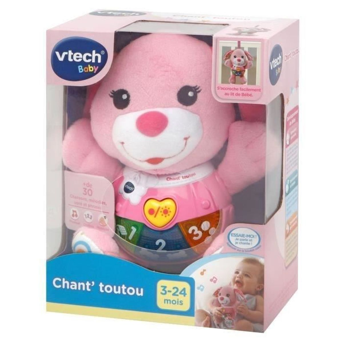 Ein rosa VTech Babyspielzeug, ein Plüschhund in Verpackung, mit Knöpfen und Zahlen, für Babys von 3-24 Monaten.