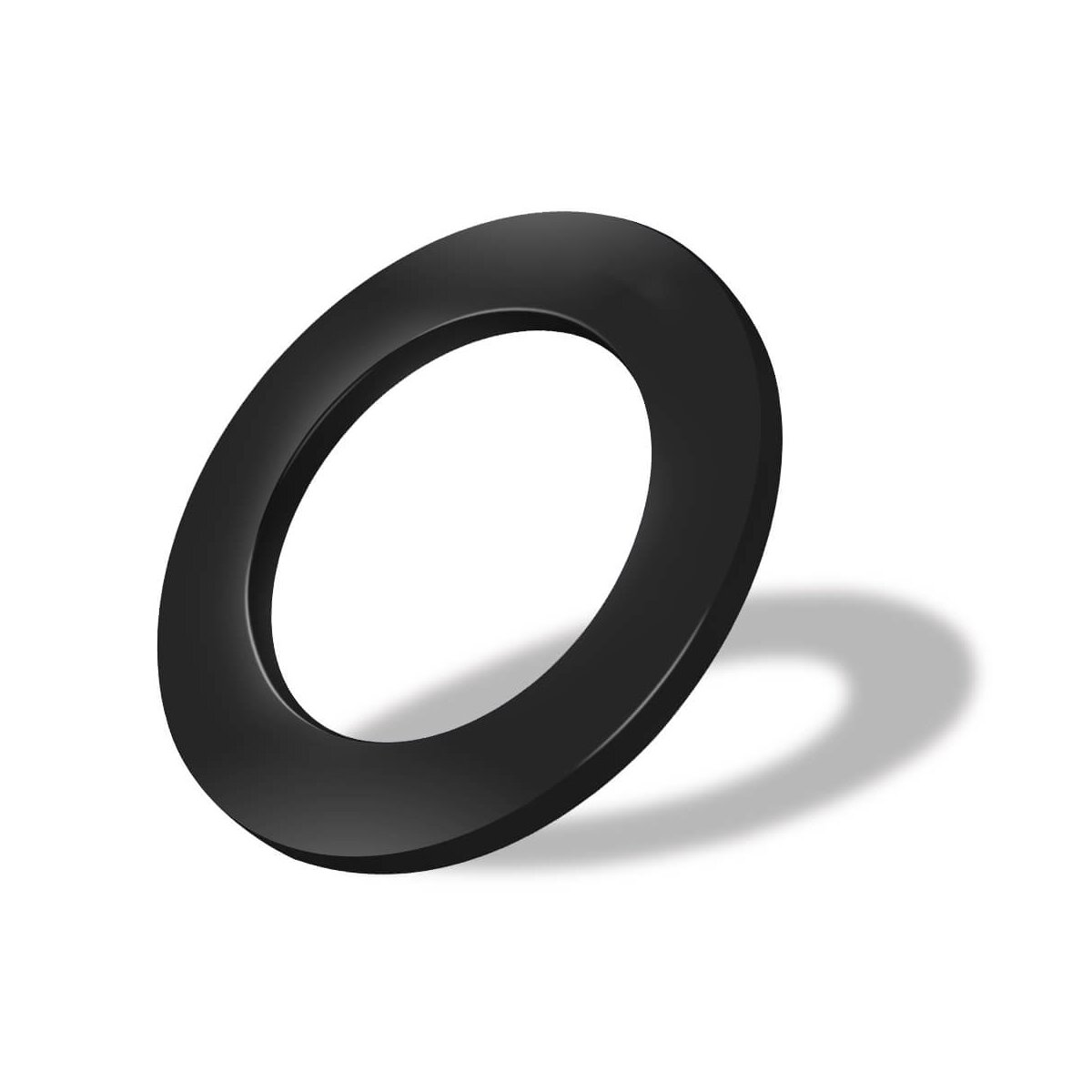 A black, oval-shaped ring floating against a white background. It casts a shadow. The ring appears three-dimensional.