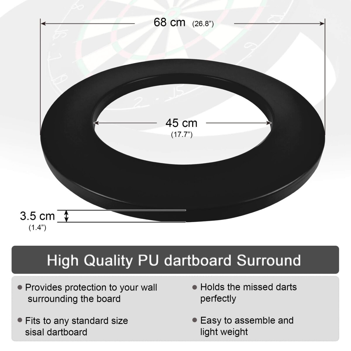 A black PU dartboard surround with dimensions labeled, protecting a dartboard. Text describes its features and benefits.
