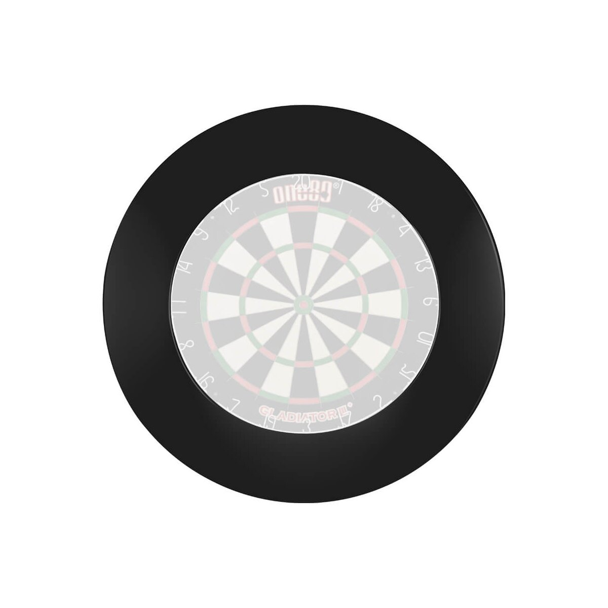 A dartboard with a black frame. The dartboard has numbers and segmented areas in red, green, and white.