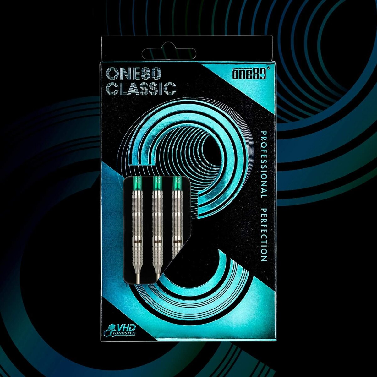 Eine Dartverpackung mit der Aufschrift 'ONE80 CLASSIC'. Darts mit grünen Spitzen. Hintergrund mit teal Spiraldesign.