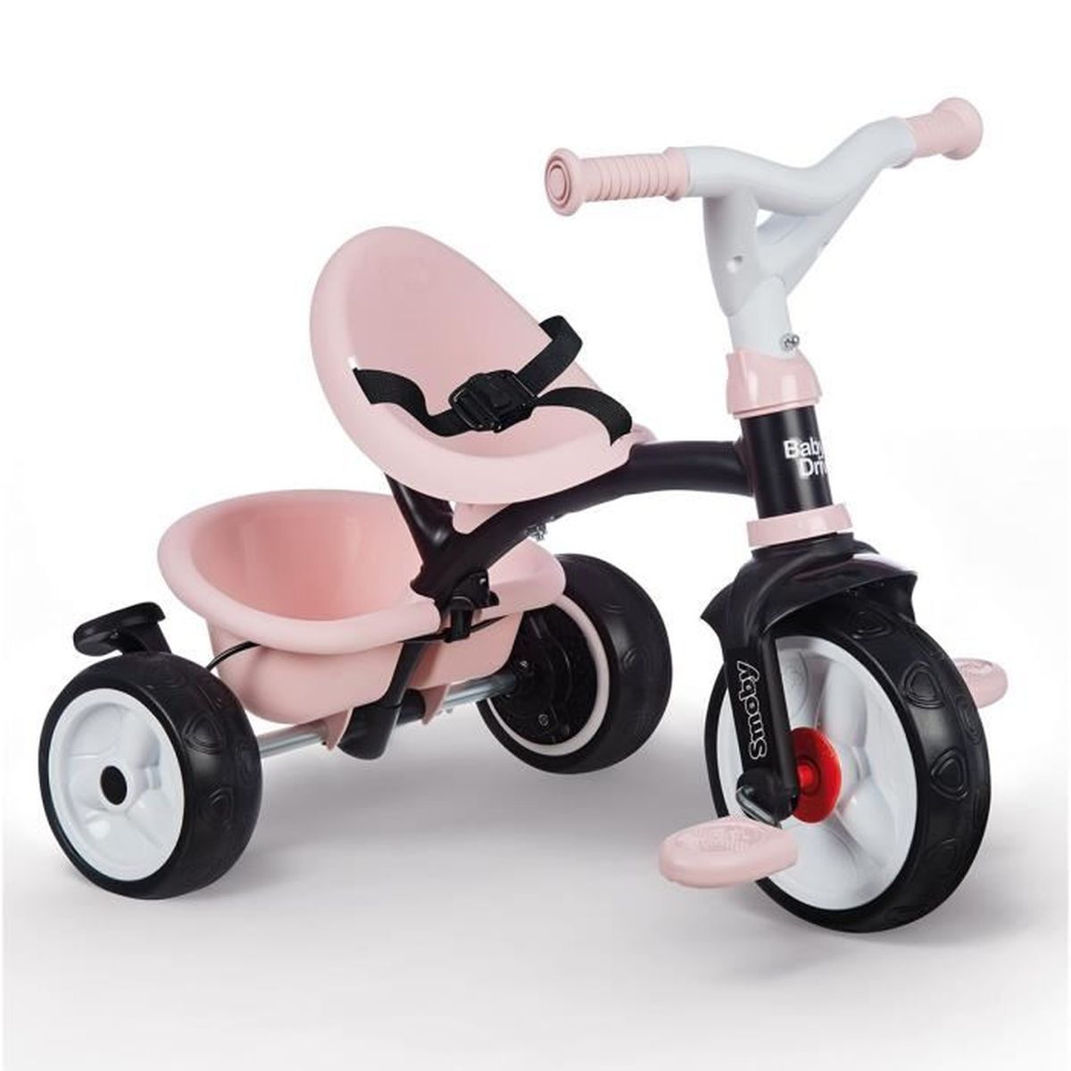 Un triciclo rosa e nero con manubrio bianco. Ha un sedile con cintura di sicurezza, un cestino e tre ruote.