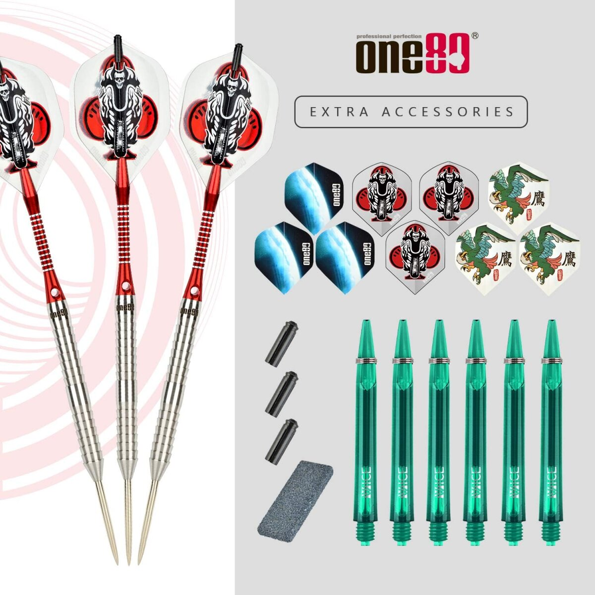 A dart set with three darts, extra flights, shafts, and accessories. Darts have red and silver design. Additional flights have various graphics.
