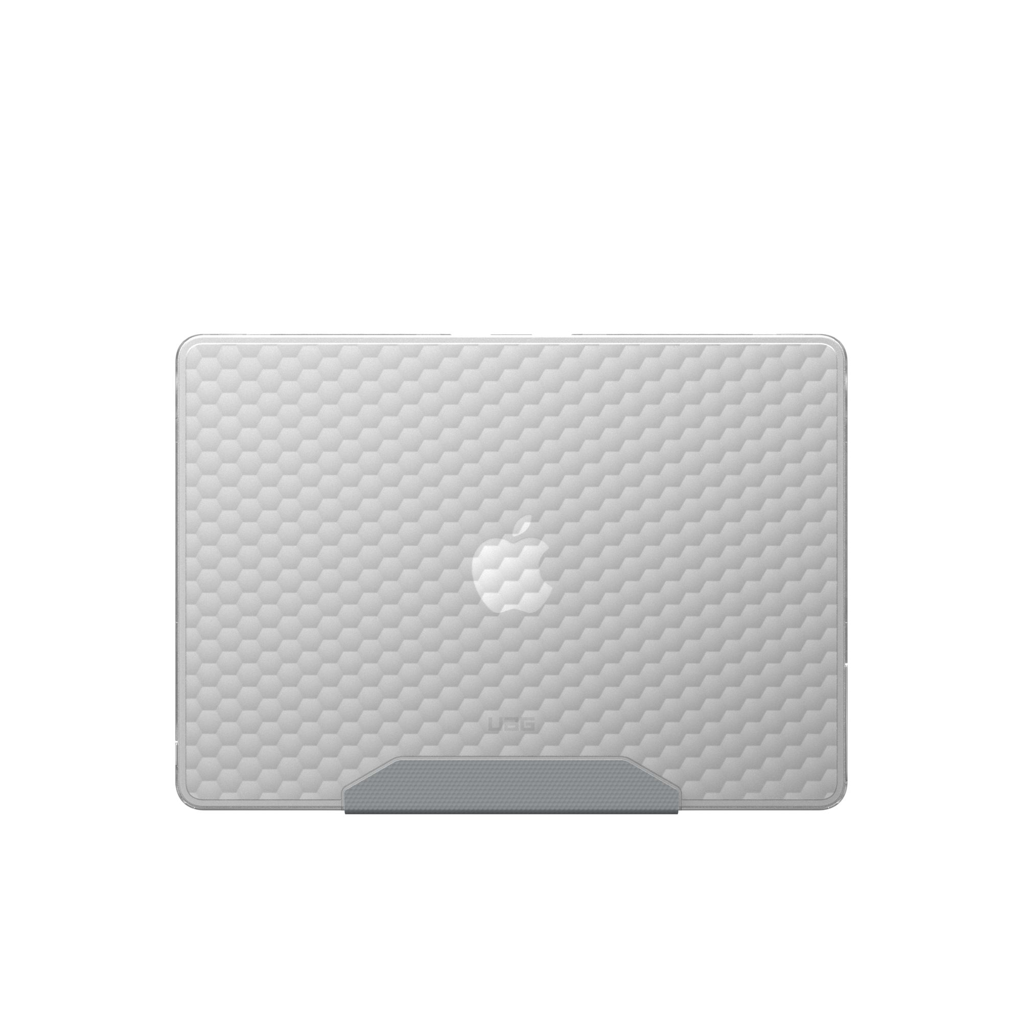 Eine graue Laptop-Hülle mit Wabenmuster und einem Apple-Logo auf weißem Hintergrund.