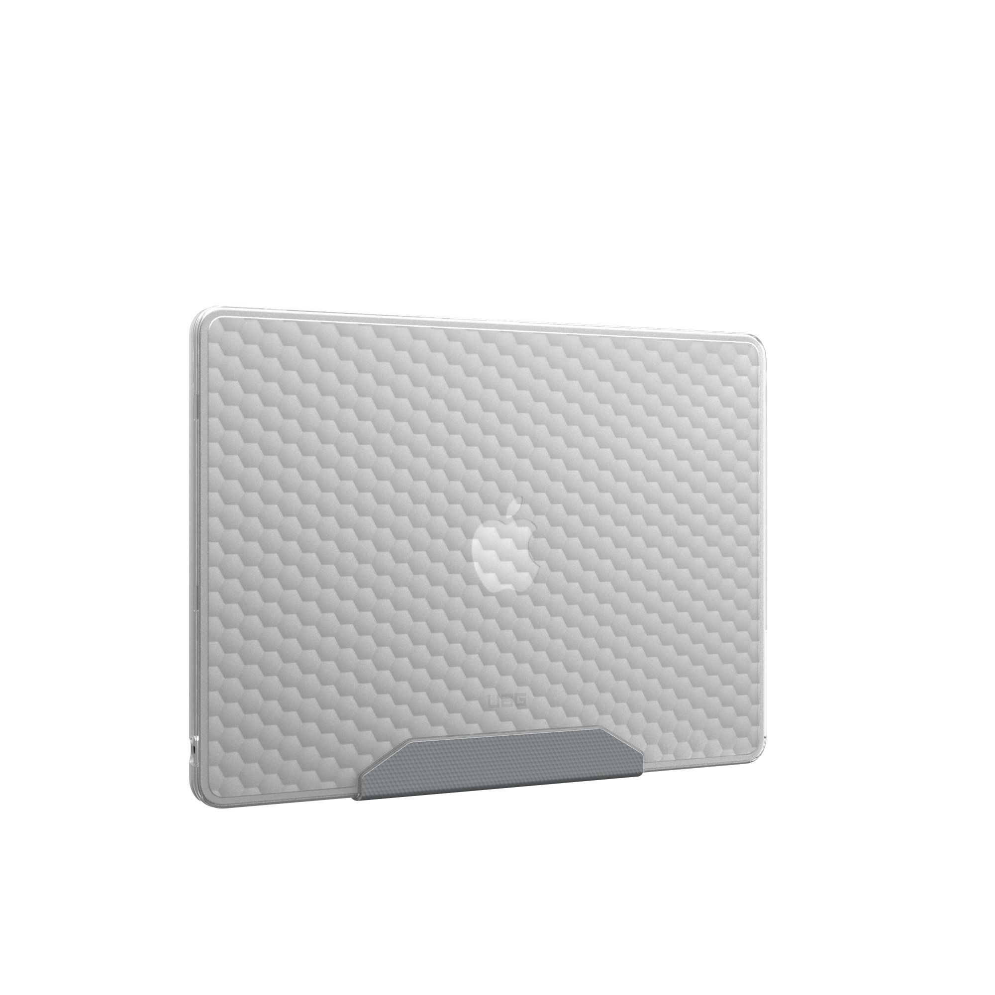 Eine transparente, gemusterte Laptop-Hülle mit Apple-Logo. Sie hat einen grauen Ständer unten. Der Hintergrund ist weiß.