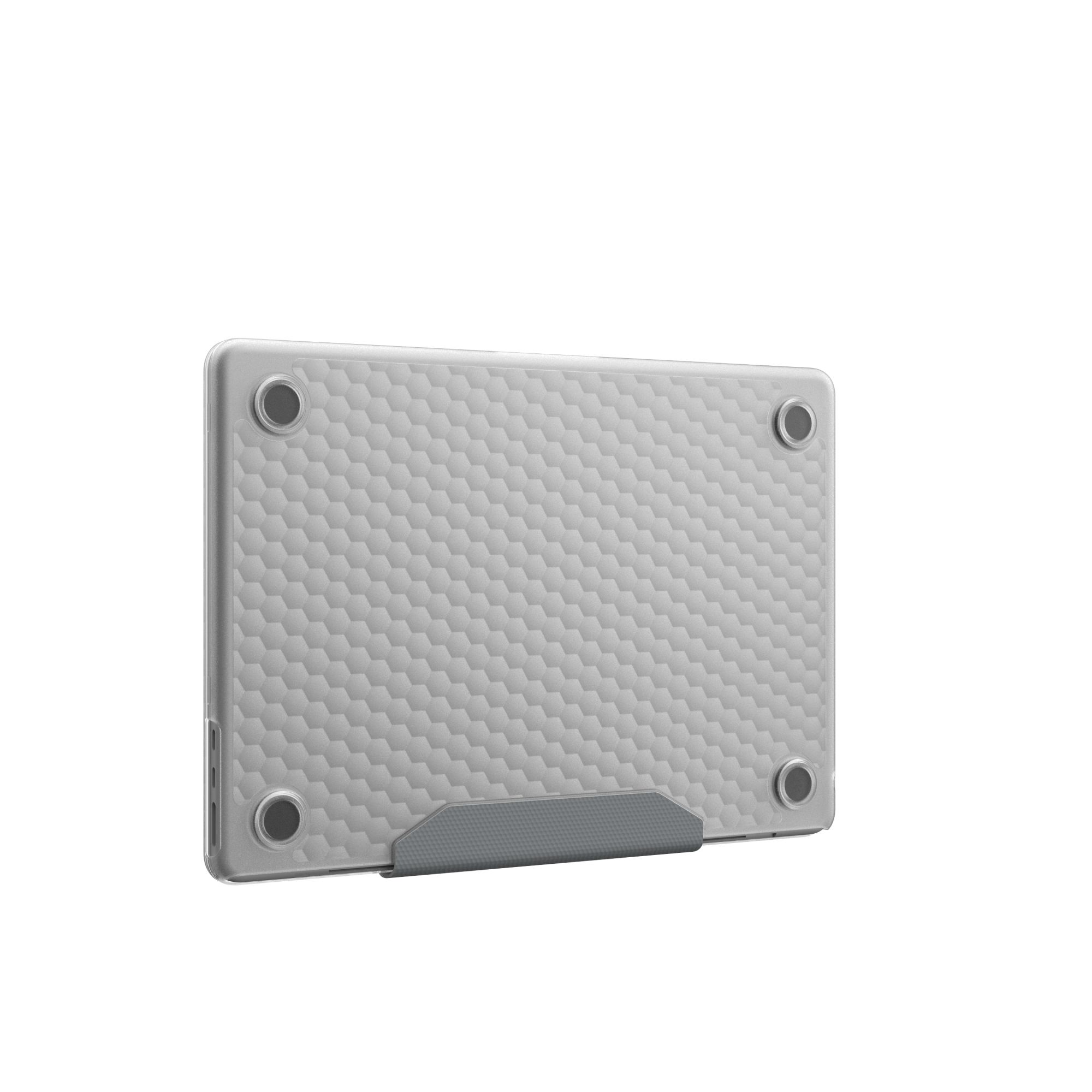 Eine graue Laptop-Hülle mit sechseckigem Muster. Sie hat einen Ständer und vier kreisförmige Füße. Isoliert auf Weiß.