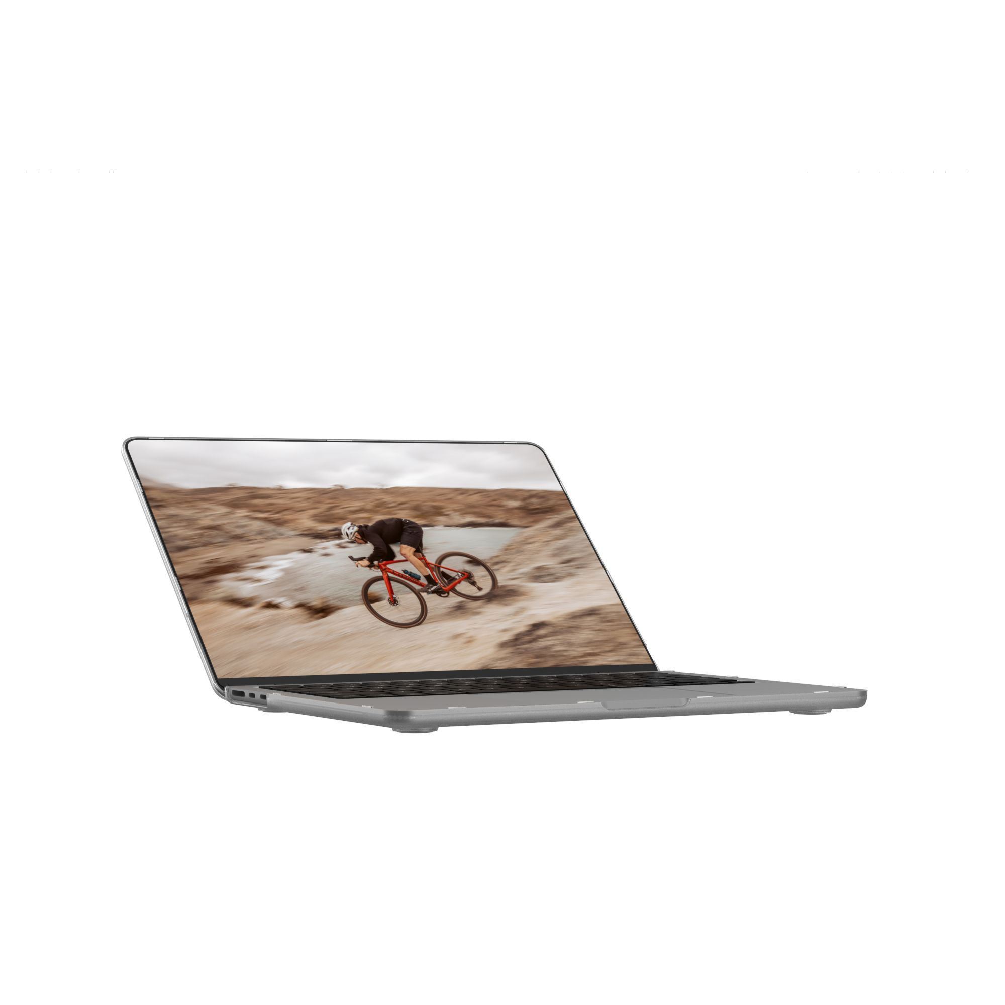 Ein Laptop zeigt einen Radfahrer auf einem roten Fahrrad in hügeligem Gelände unter bewölktem Himmel.