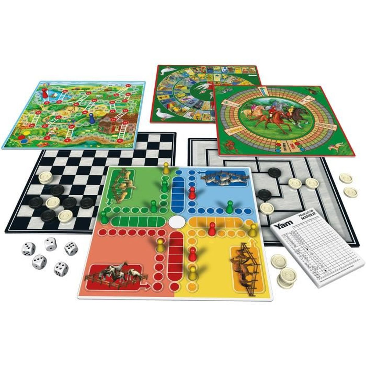 Verschillende bordspellen zijn gerangschikt. Schaak, dammen, ludo en andere spellen zijn zichtbaar. Dobbelstenen, pionnen en scorekaarten zijn aanwezig.