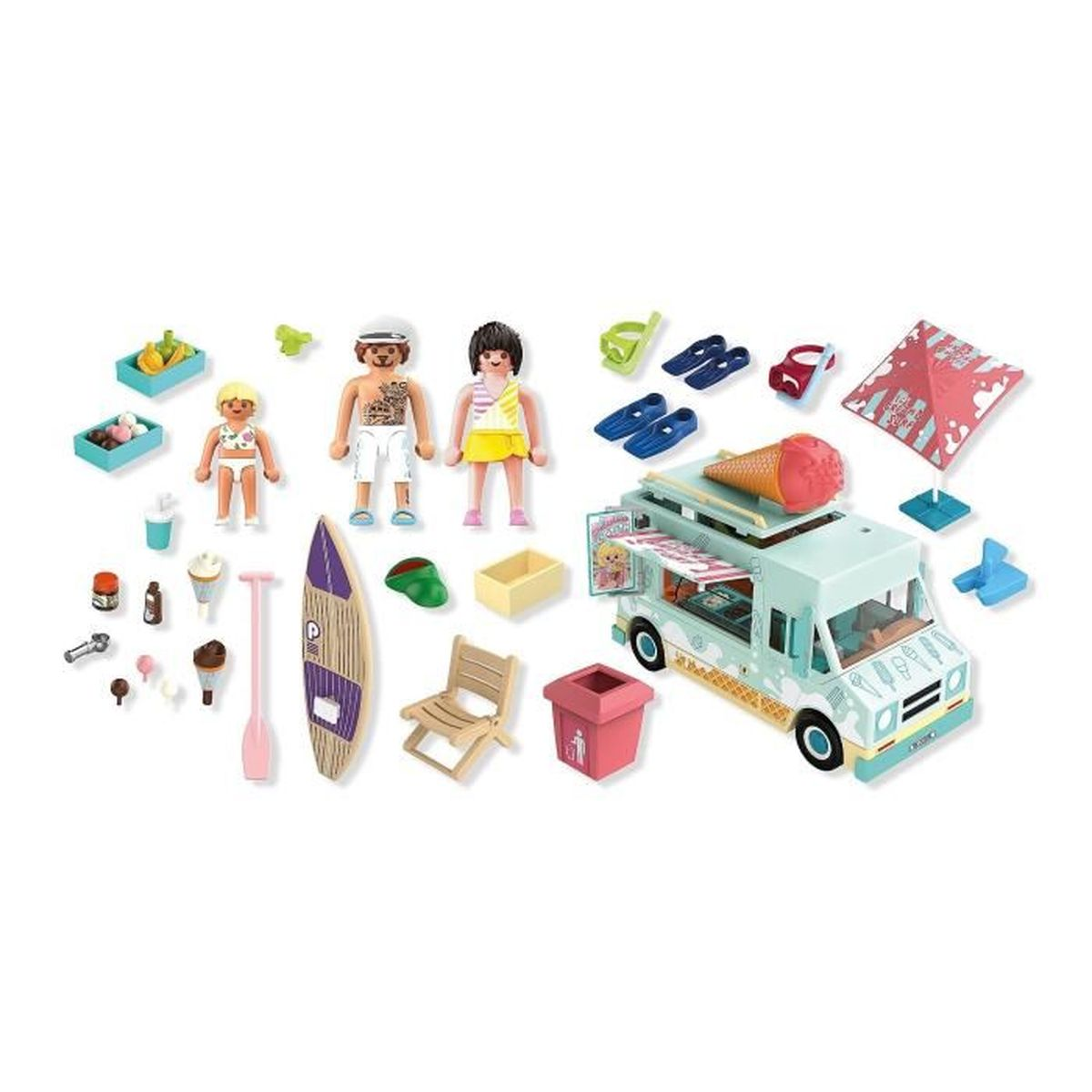 Eine Spielzeugszene mit einem Imbisswagen, Figuren und Zubehör. Enthält Eis, Surfbrett, Stühle und Strandartikel.