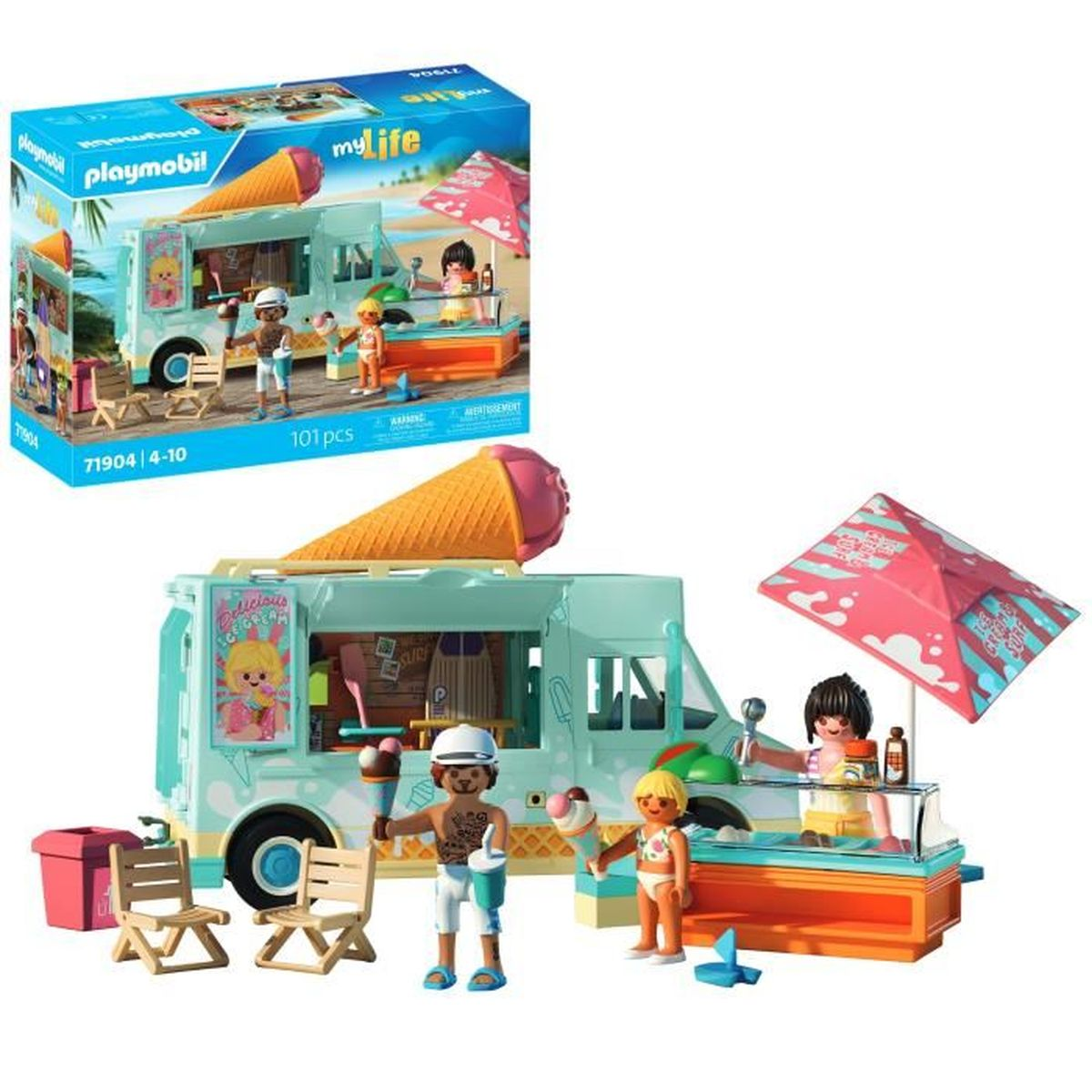 Playmobil-Eiswagen-Set. Enthält Figuren, einen Lkw, Eis, einen Sonnenschirm und Zubehör. Helle Farben. Verpacktes Set.