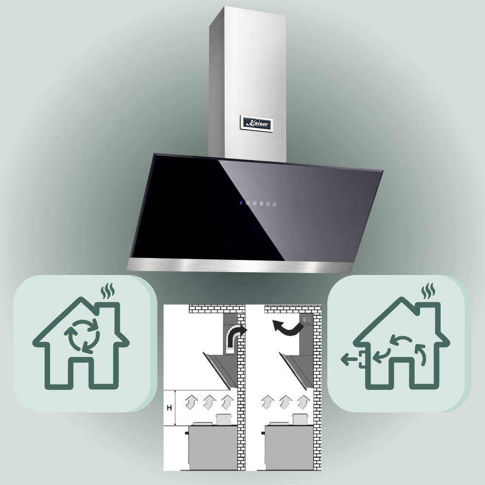 Moderne Küchenhaube mit schwarzem Glas und Edelstahlgehäuse. Diagramme zeigen Luftzirkulation und Installation.