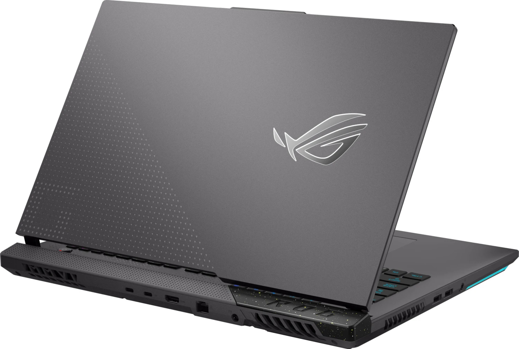 Ciemnoszary laptop, otwarty. Logo ROG na pokrywie. Klawiatura widoczna. Podświetlane funkcje. Ujęcie z kąta.