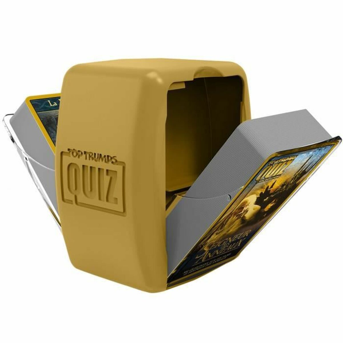 Eine gelbe Kartenspielbox mit der Aufschrift 'Top Trumps Quiz' ist geöffnet und zeigt Kartendecks. Die Box steht vor weißem Hintergrund.