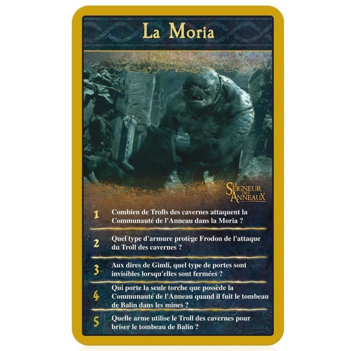 Eine Karte mit 'La Moria' oben. Es zeigt einen Troll, Fragen und Antworten über den Herrn der Ringe.