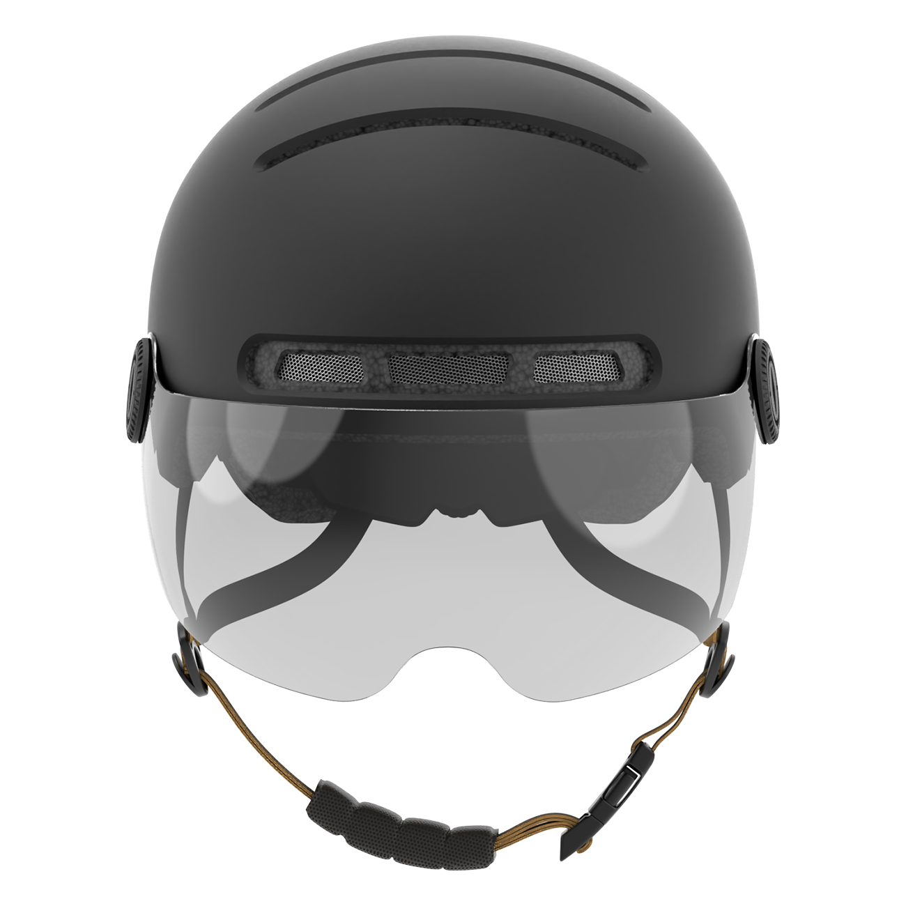 Un casco nero con visiera trasparente. Ha un sottogola e prese d'aria. Il casco è su sfondo bianco.