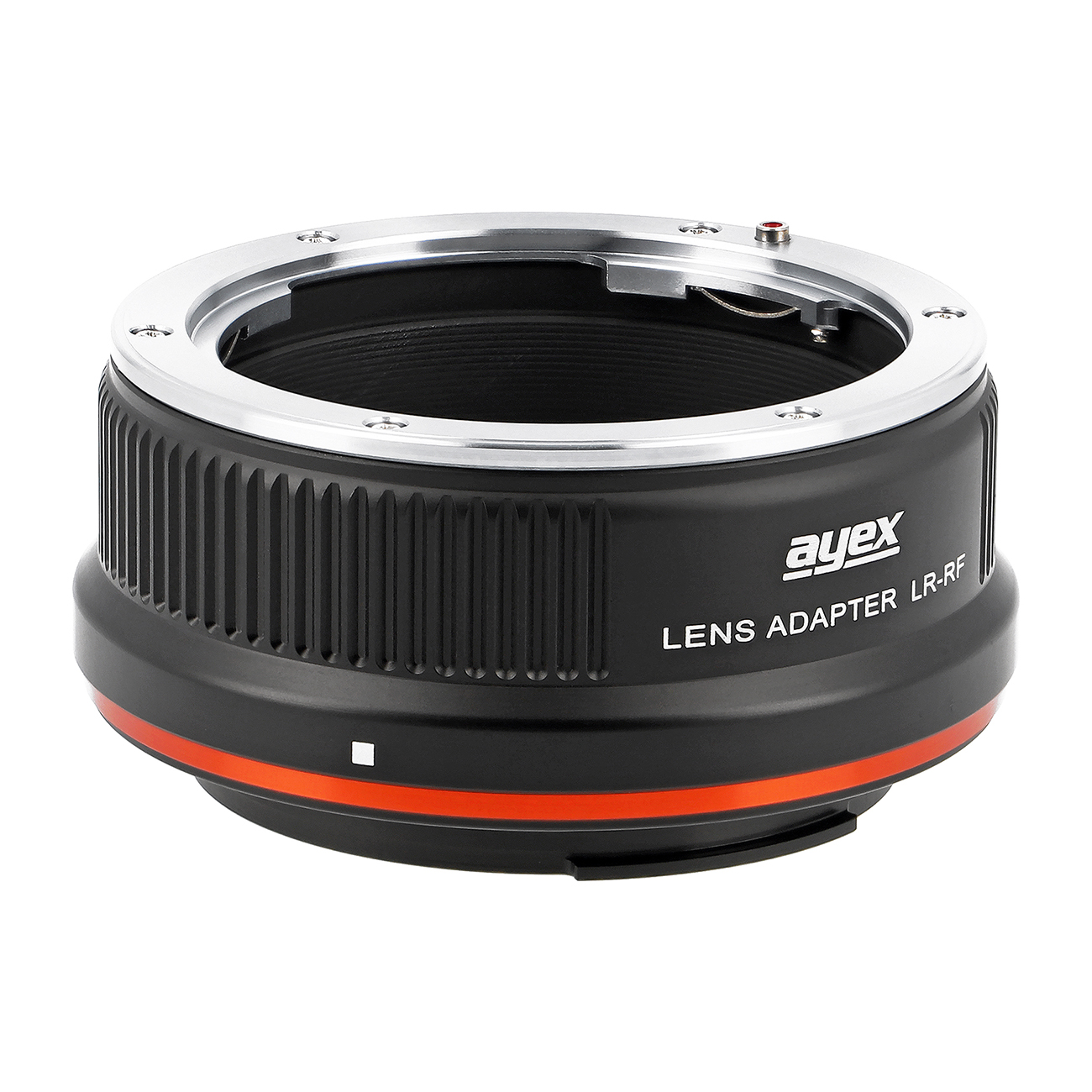 Ein schwarzer Objektivadapter mit silbernem Ring oben. Es hat orangefarbene Akzente und den Text 'ayex LENS ADAPTER LR-RF'.