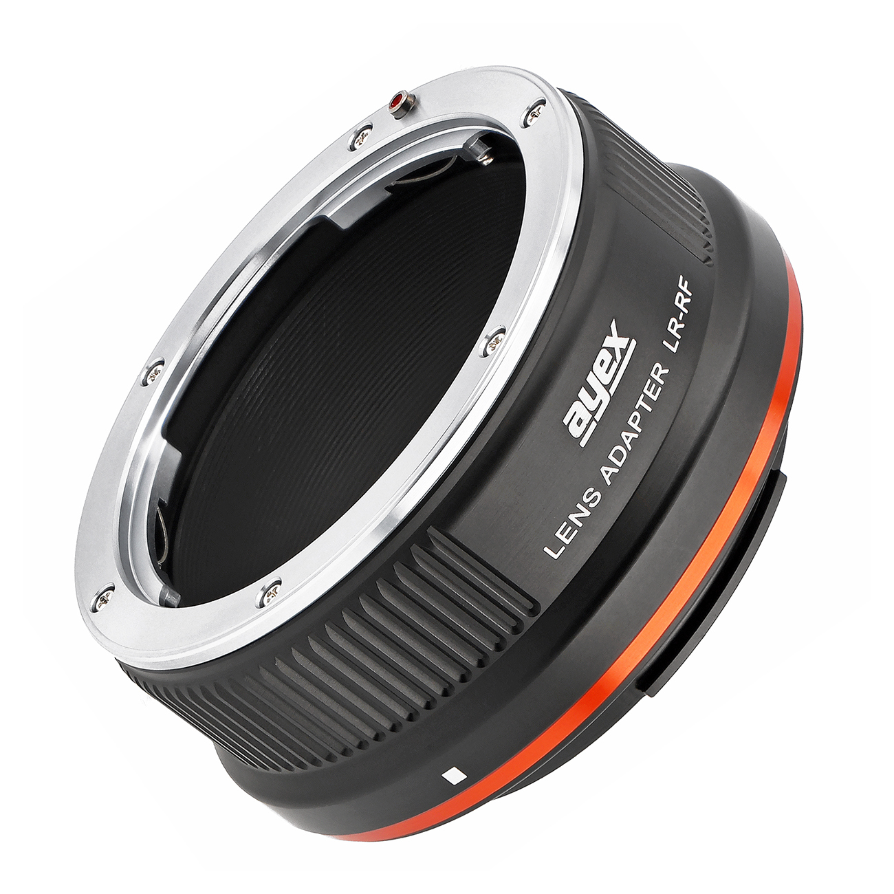 Ein schwarzer und silberner Objektivadapter. Er hat einen orangefarbenen Streifen und den Text 'ayex LENS ADAPTER LR-RF' darauf. Weißer Hintergrund.