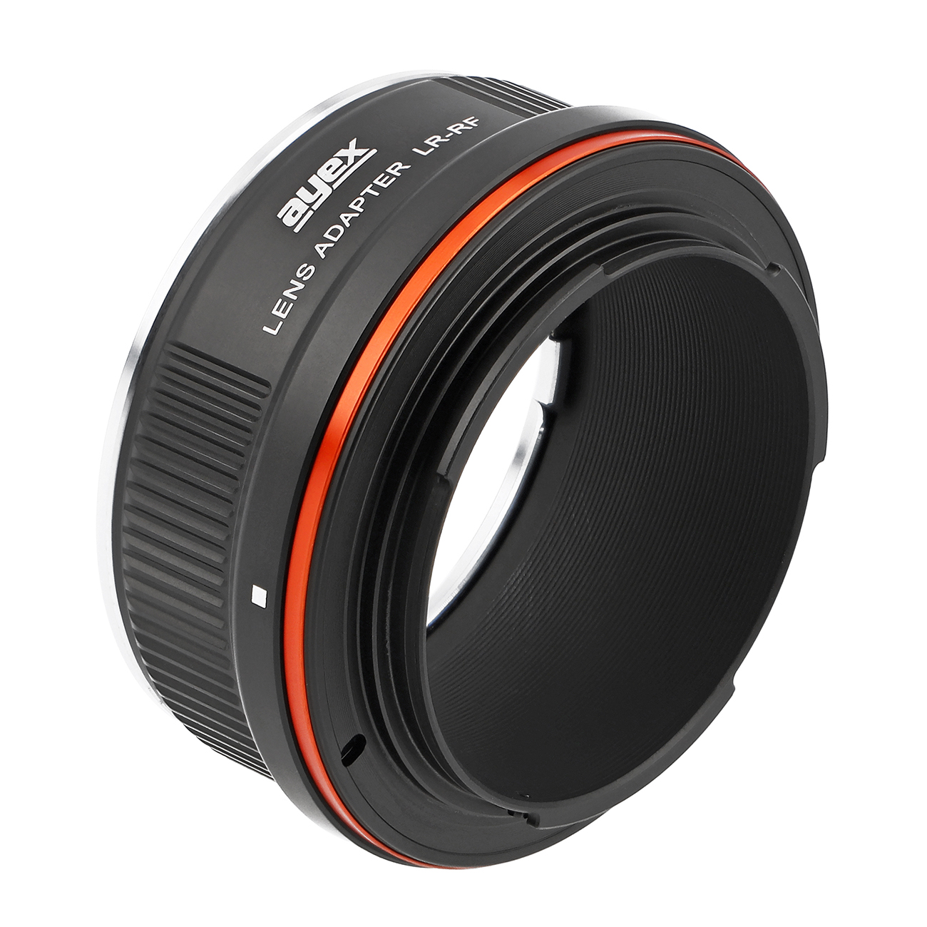 Ein schwarzer Objektivadapter mit orangefarbenem Ring auf weißem Hintergrund. Der Markenname 'ayex' ist sichtbar.