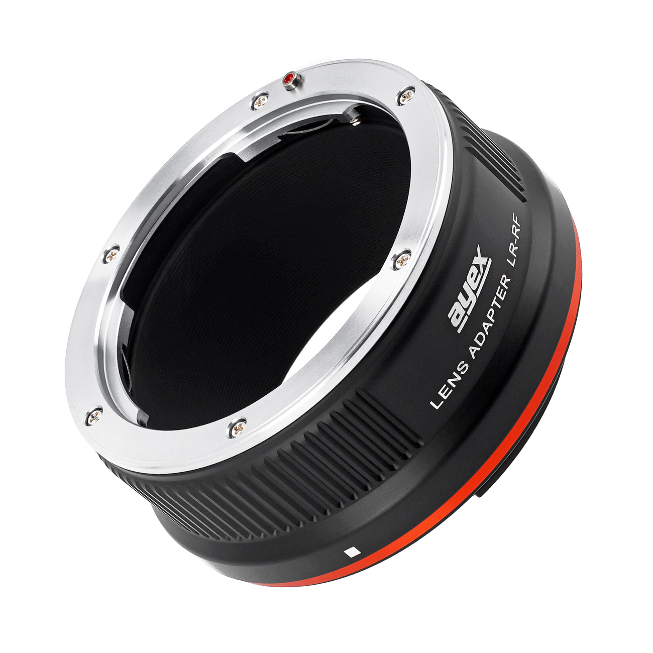 Ein schwarzer und silberner Objektivadapter. Er hat einen orangefarbenen Ring und den Text 'ayex LENS ADAPTER LR-RF'. Die Mitte ist schwarz.