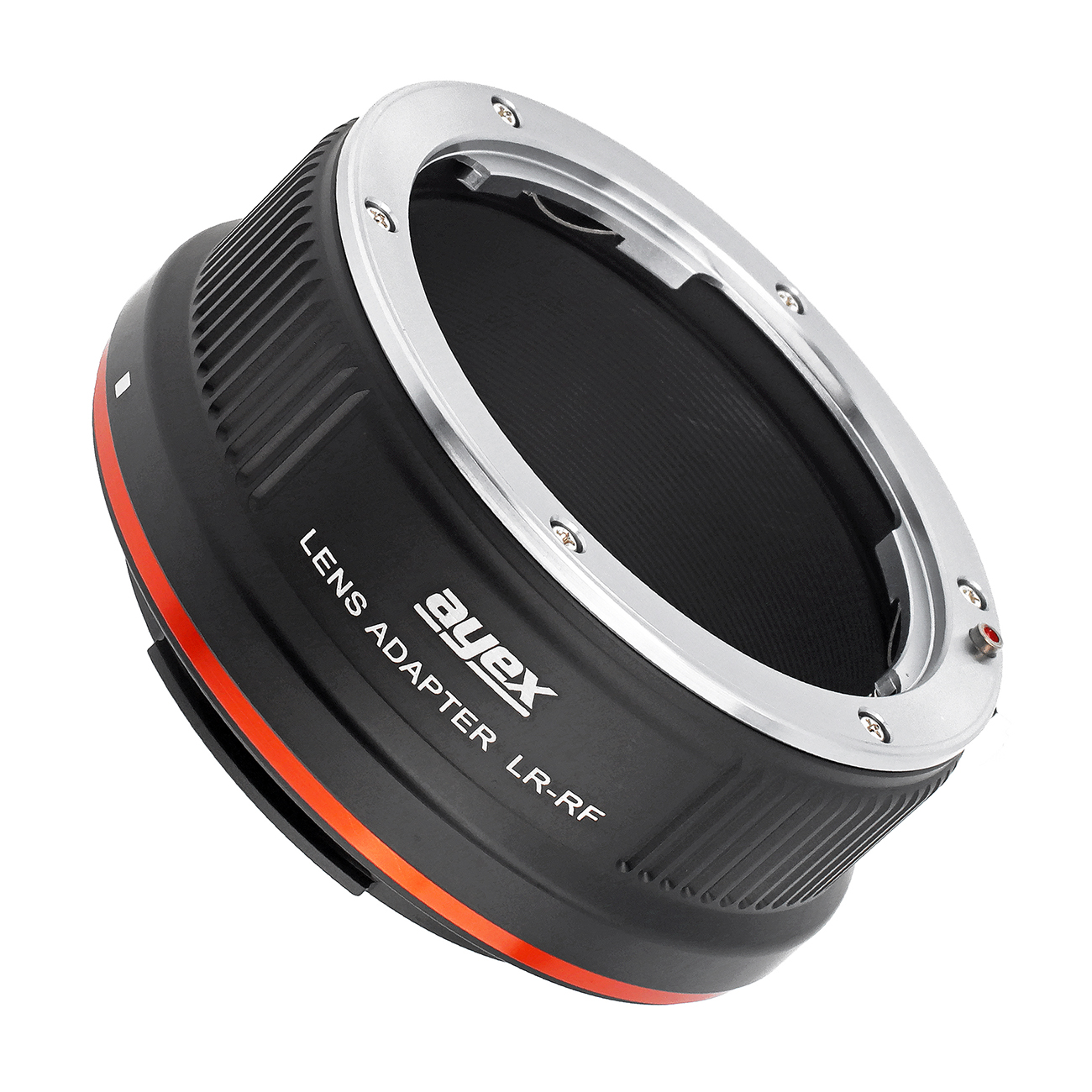 Ein schwarzer Objektivadapter mit einem silbernen Ring. Auf ihm steht 'ayex Lens Adapter LR-RF'. Eine orange Linie ist sichtbar.