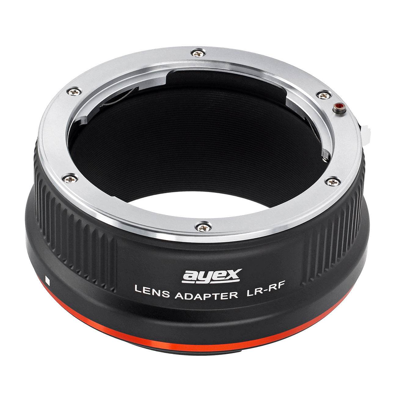 Ein schwarzer und silberner Objektivadapter. Er hat das Logo "ayex" und den Text "LENS ADAPTER LR-RF". Der Adapter befindet sich auf weißem Hintergrund.