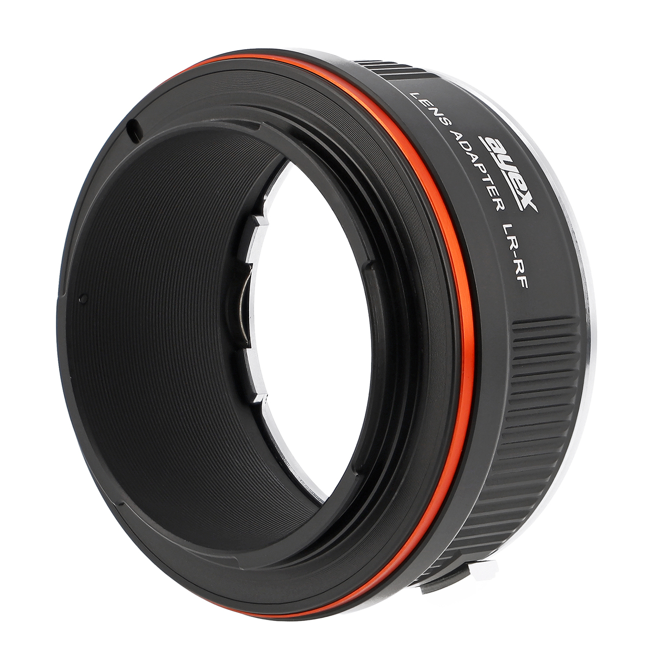 Ein schwarzer Objektivadapter mit einem orangefarbenen Ring. Er trägt den Text 'Lens Adapter LR-RF'. Auf weißem Hintergrund.