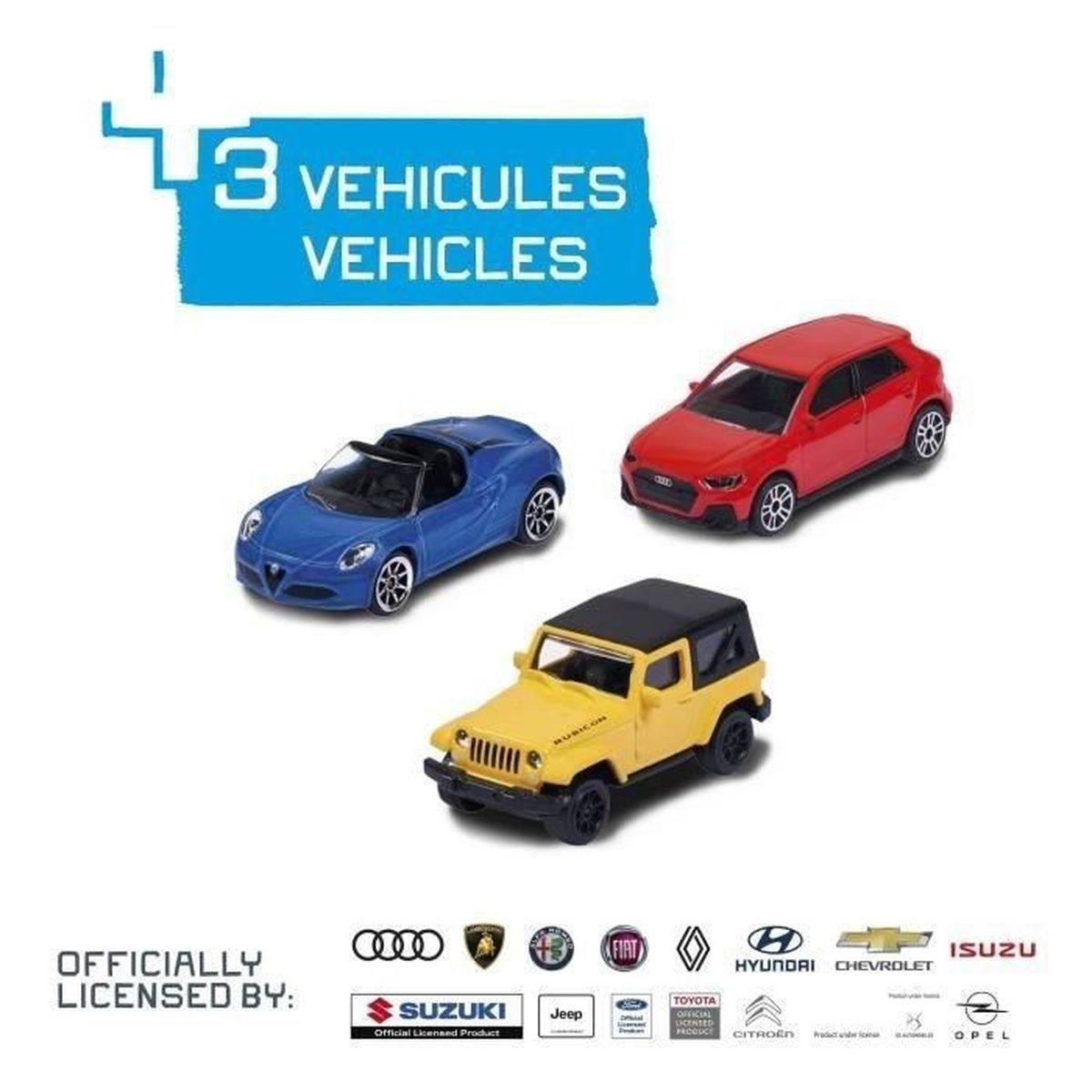 Drei Spielzeugautos: blaues Cabrio, roter Schrägheck, gelber Jeep. Oben steht '3 Fahrzeuge'. Logos von Automarken darunter.