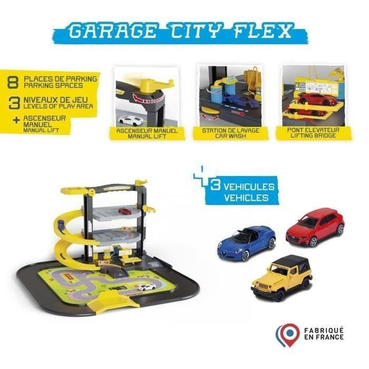 Ein Spielzeug-Garagenset mit mehreren Ebenen, einer Rampe und drei Spielzeugautos: blau, rot und gelb. Enthält französische Etiketten.