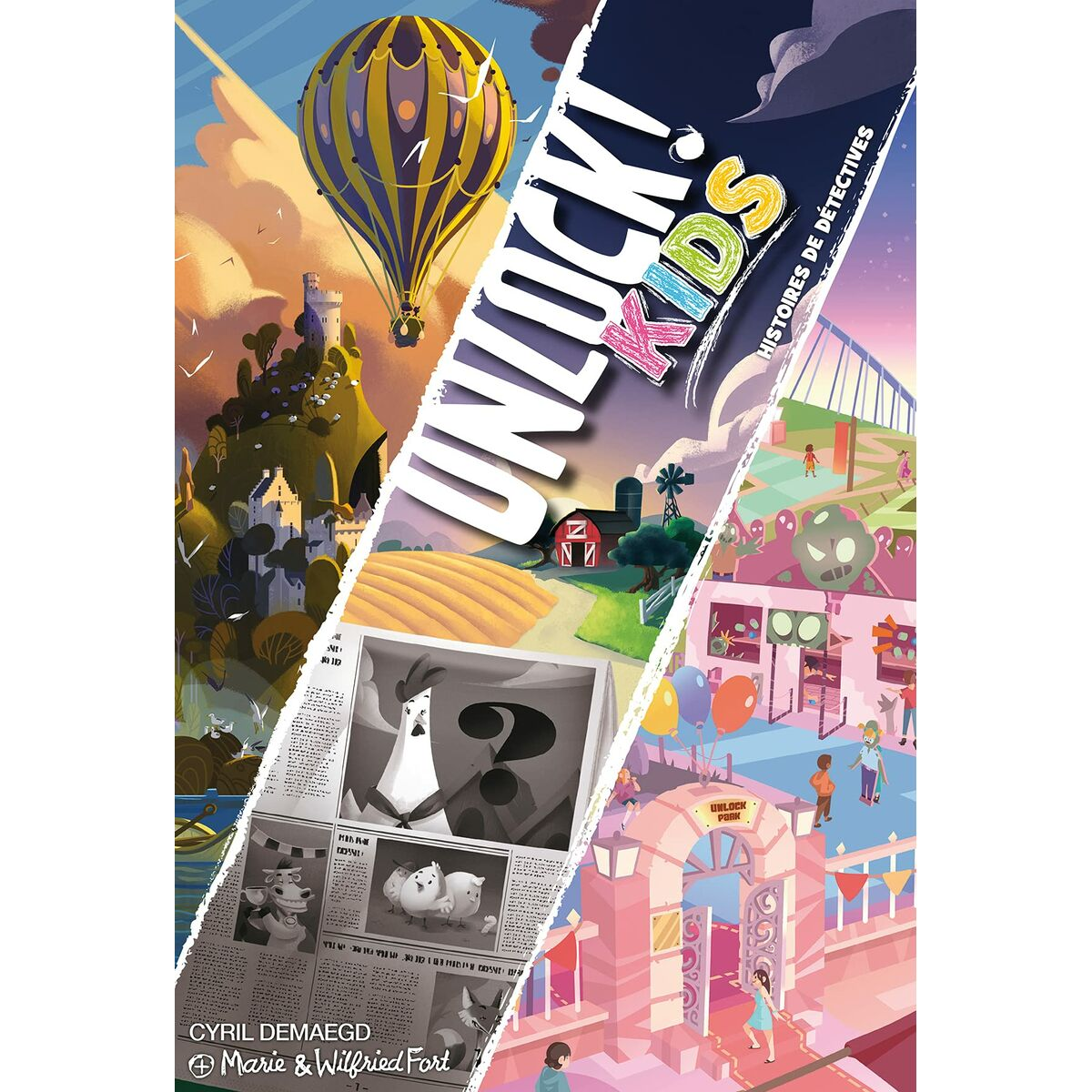 Bunte Illustration. Ein Heißluftballon, ein Bauernhof und ein Park sind zu sehen. Das Wort 'UNLOCK! KIDS' ist stilisiert geschrieben.
