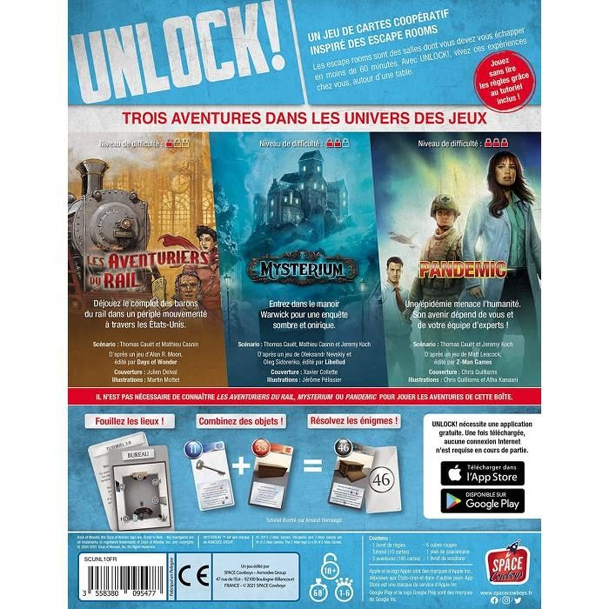 Schachtelkunst für das Unlock!-Brettspiel. Enthält Spieletitel, Schwierigkeitsgrade und Bilder von drei Abenteuern.