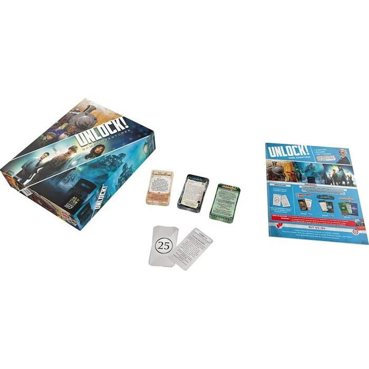 Eine "Unlock!"-Brettspielbox mit Karten und Anweisungen auf weißem Untergrund. Die Box hat ein blaues und schwarzes Design.