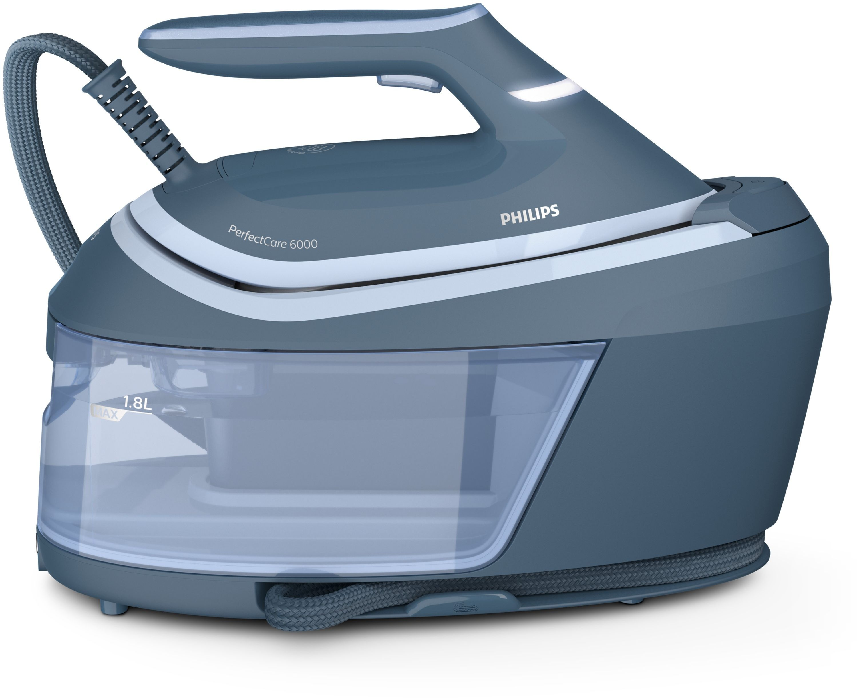 Una plancha de vapor Philips en gris y blanco. Tiene un depósito de agua y un asa. El nombre de la marca es visible.
