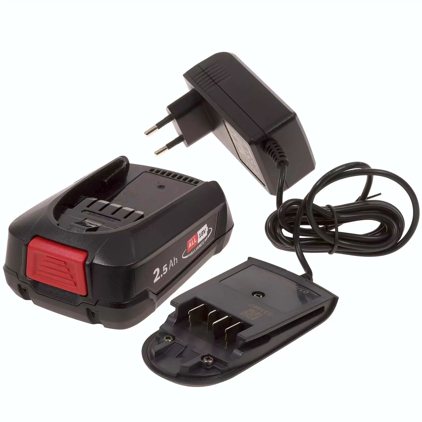 Zwart batterijpakket met rode knop, oplader en batterijbasis. Alle items op een witte achtergrond.