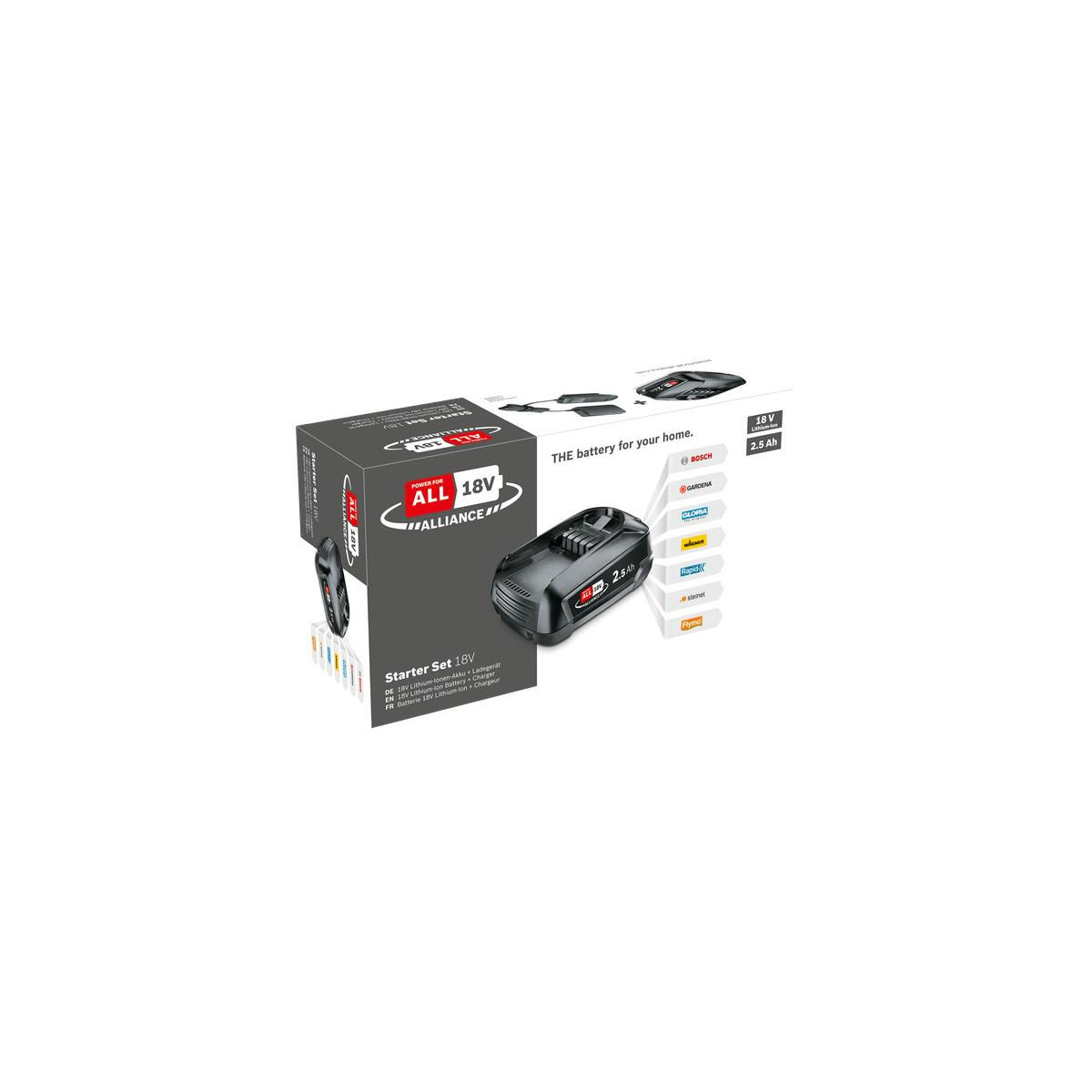 Een startset doos. Toont een zwarte batterij en oplader. Tekst bevat 'ALL 18V ALLIANCE' en '2.5 Ah'.