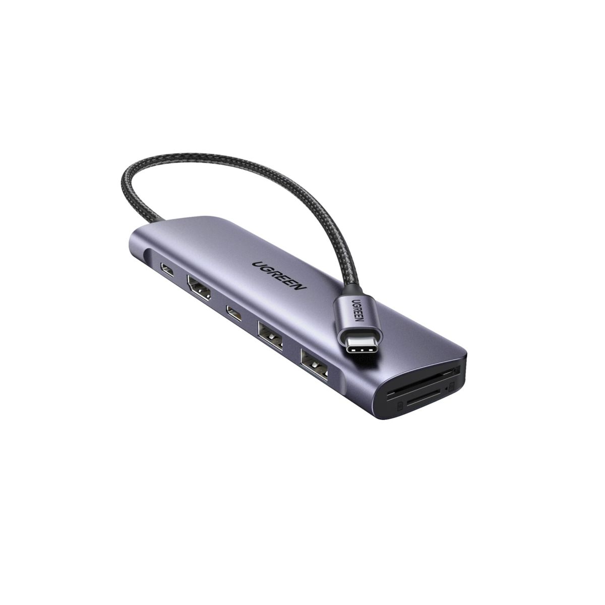 Ein UGREEN USB-C-Hub-Adapter in Grau. Er hat mehrere Anschlüsse und ein USB-C-Kabel.