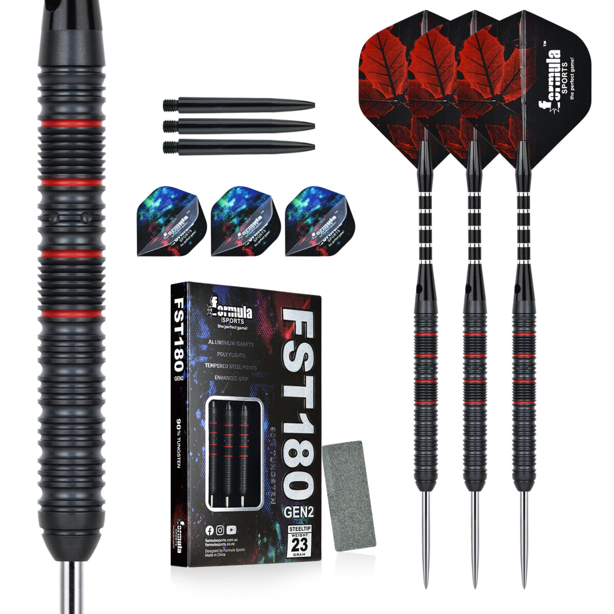 A set of darts with red accents, spare shafts, and flights. A box of FST180 darts and a sharpening stone are included.