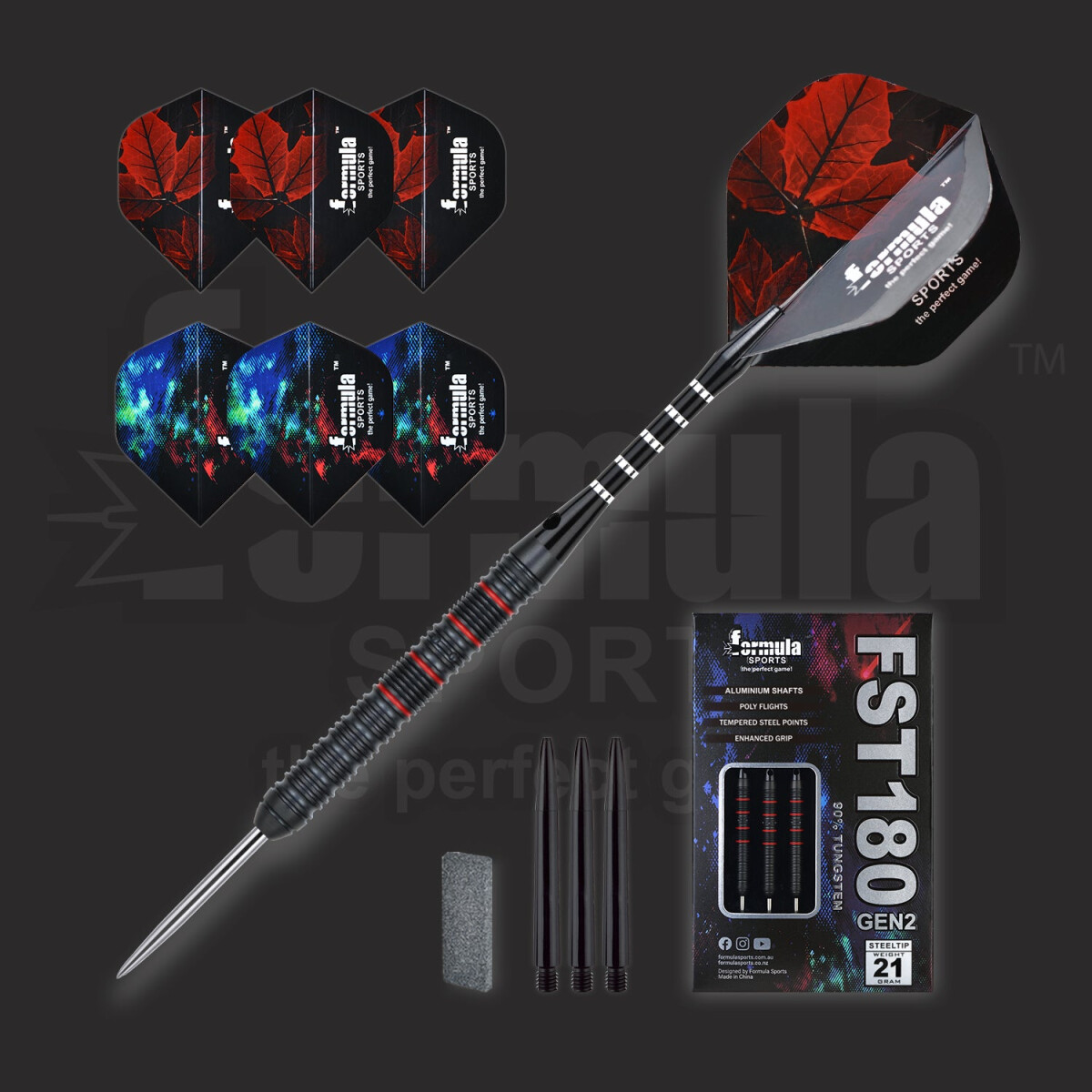 A dart set with a dart, spare tips, and flights. The dart has a black barrel with red stripes and a silver tip. Dart flights have leaf patterns.