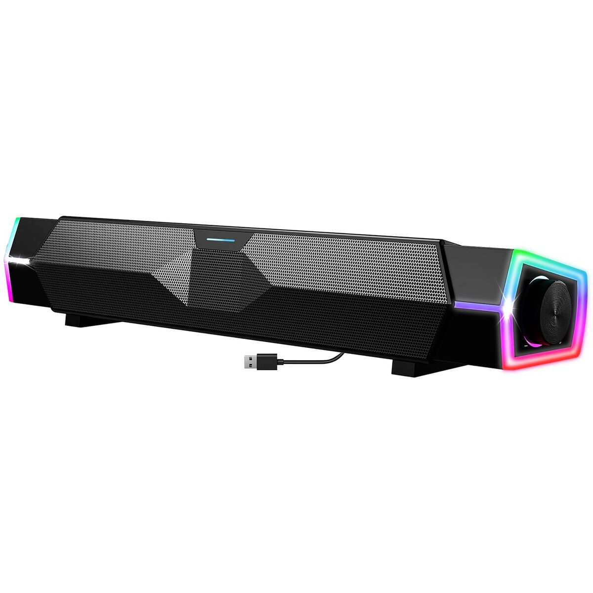 Una soundbar nera con frontale in mesh, luci RGB alle estremità e cavo USB. È su sfondo bianco.