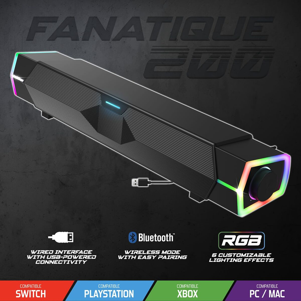 Un altoparlante nero con illuminazione RGB e la scritta FANATIQUE 200. Ha connettività cablata e wireless ed è compatibile con vari dispositivi.