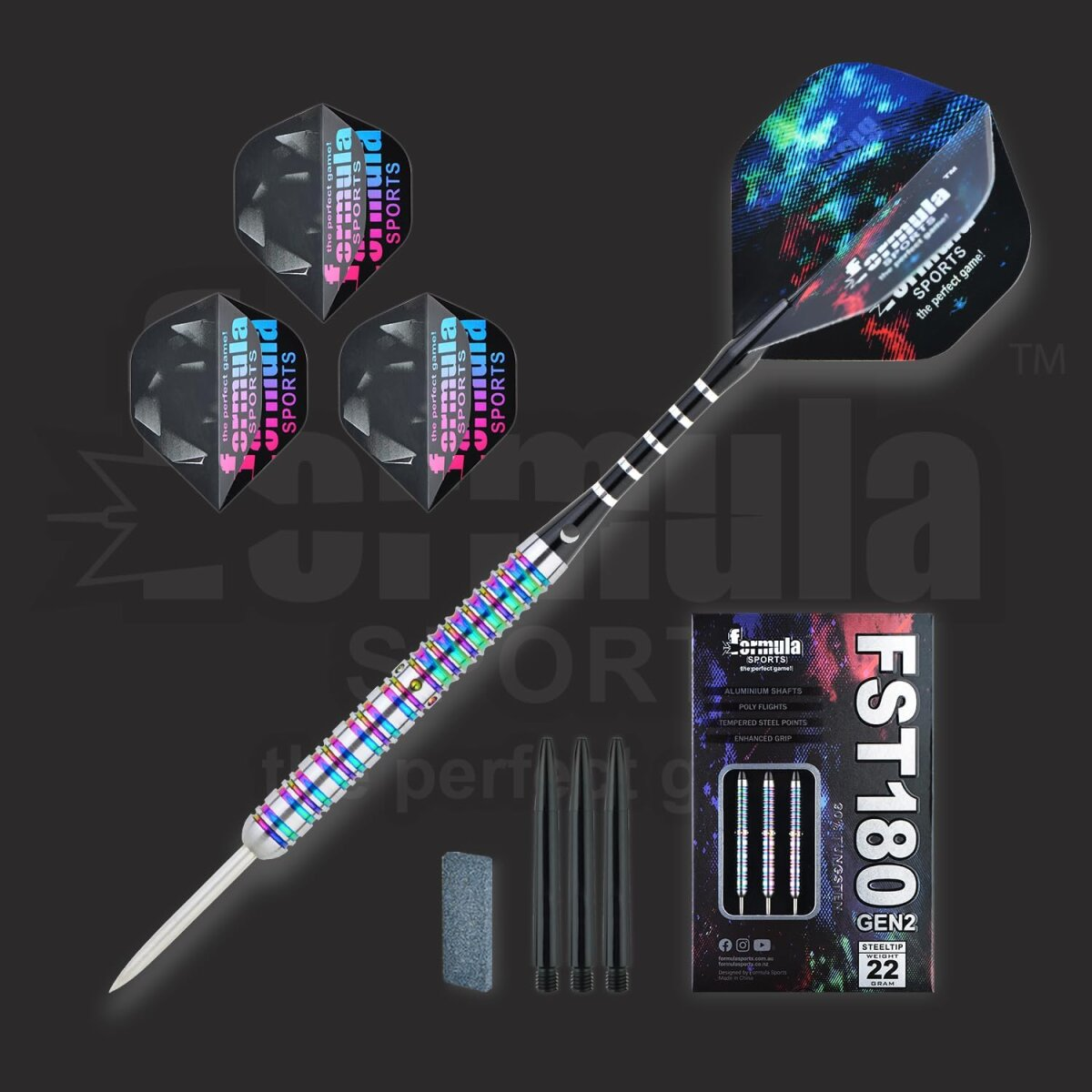 A dart set with darts, flights, tips, and a box. The dart has colorful details and a white tip. Dark background.